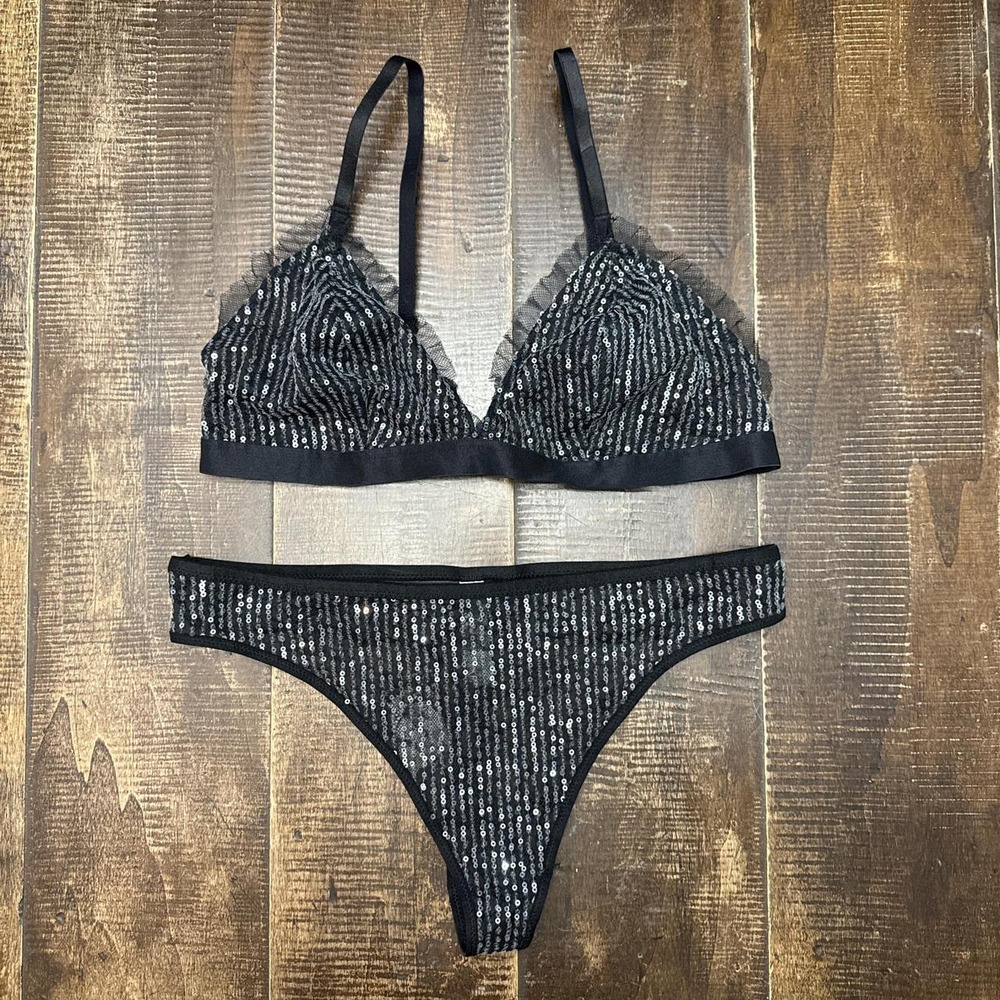 Wild Fable Women's Sequin Lace Triangle Bralette and Sequin Lace Thong Set
